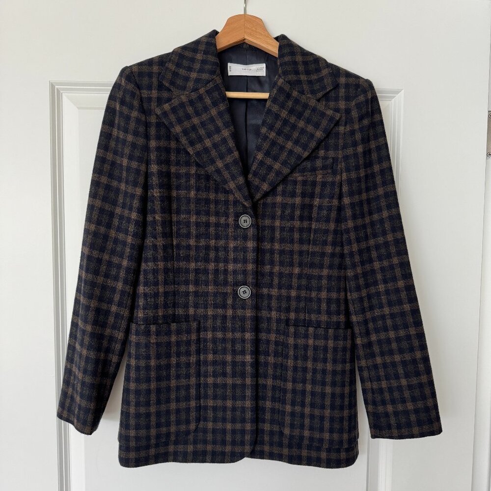 Mango Zara Navy Brown Plaid Single Breasted Wool Blazer